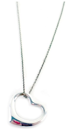 A Tiffany and Co silver heart pendant, on fine link neck chain, unmarked, the pendant 2.5cm, the chain 40cm long, with box and bag, 5.5g all in.