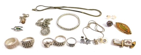 A group of jewellery, comprising four silver dress rings, plated tennis bracelet, earring and necklace set, set with CZ, etc. (a quantity)