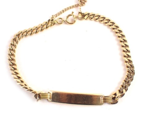 An identity bracelet, shaped rectangular panel on two bar twist stem, on curb link bracelet, varying marks, the clasp believed to be 9ct gold, the chain plated, the bar stamped 750, 20cm long.