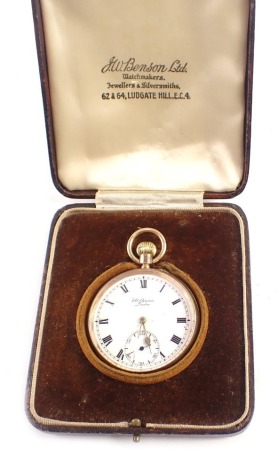 A JW Benson of London 9ct gold cased pocket watch, the white enamel Roman numeric dial with gold hands and seconds dial, with blue hands, with bezel wind, seventeen jewel movement, 75.2g all in, in JW Benson of Ludgate Hill box. (AF)