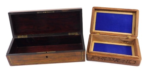 A late 19thC continental rosewood and brass glove box, 30cm wide, and an Indian carved cigarette box, 20cm wide.