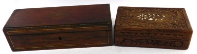 A late 19thC continental rosewood and brass glove box, 30cm wide, and an Indian carved cigarette box, 20cm wide. - 2