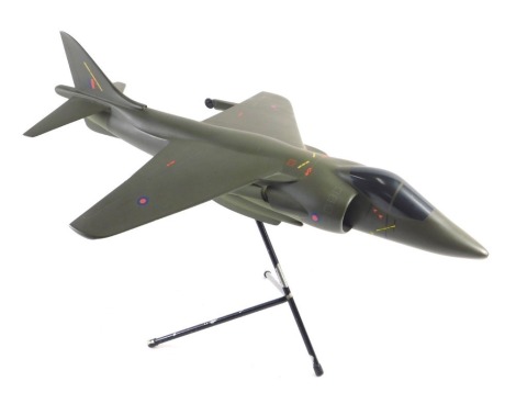 A Space Models of London model of a Harrier Jump Jet, bearing serial numbers EPF28-26, on metal stand, AF, 59cm long.