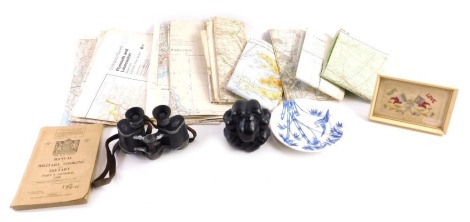 A collection of items, to include WWI silk postcard, 1940 war office book on A Manual for Military Cooking, a pair of binoculars, resin sculpture, Ordnance Survey maps, and a Victorian saucer.