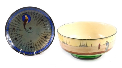 A Royal Doulton series ware bowl, decorated with band of figures in Dutch dress, 26cm diameter, and a Royal Doulton Titanium plate decorated with an Asiatic pheasant, etc., AF, 23cm diameter.