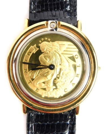 A Franklin Mint Monte Carlo Casino watch, with 1986 Monte Carlo dial, in a gold coloured finish, set with tiny white stone, stamped to rear dial sterling 925, on a stainless steel back, with black leather strap, the dial 3cm diameter.