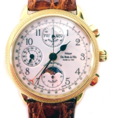 A Philippe du Bois & Fils 18ct gold cased chronograph wristwatch, on a white enamel dial with automatic movement, with date, minutes, seconds, and hour apertures, in a gold coloured case, stamped 750 with import marks, with Bois crest to rear, numbered BG