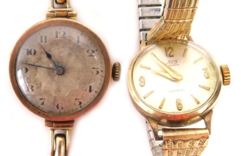 Two wristwatches, comprising a 9ct gold 1920s wristwatch, on expanding strap, 20g all in, and an Uno 9ct gold face ladies wristwatch, on expanding plated strap, 16.8g. (2, AF)