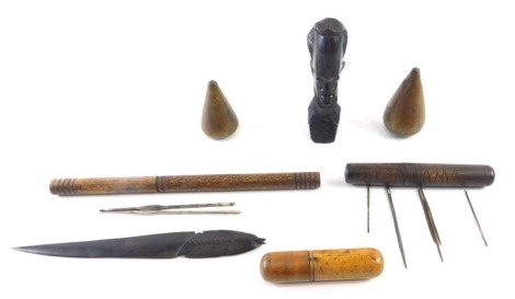 Tribal wares, comprising a wooden cased manicure set, a wooden cased set of needles stamped KABB, sock darns, tribal art figure, and a letter opener.