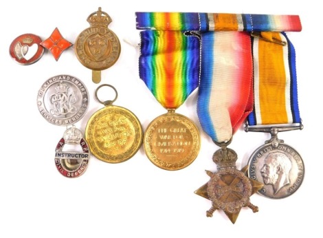 A WWI medal trio group, comprising British war medals, 1914-15 Star and Victory medal, inscribed 300 565 PTE 2F TAYLOR RAF, the star inscribed GO335 Pte F Taylor RAMC, with ribbons, a Service Rendered badge, Shropshire Yeomanry cap badge, a silver Blood D