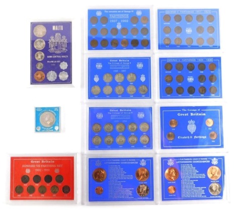 A group of coin packs, comprising US Presidential, Great Britain George V coinage, USA coinage, Royal Wedding 1981 commemorative coin, etc., each in presentation case.