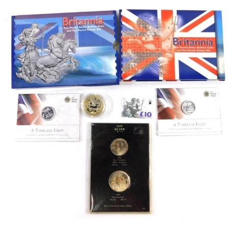 Collectors coins, comprising two The Royal Mint Timeless First George and Dragon 2013 UK twenty point fine silver coin, in presentation pack, 1974 fine silver Maltese coins, and the Britannia two pound sterling silver bullion coin and ten pound stamp set,