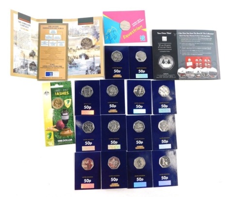 Various collectors coins, comprising Change Checker presentation fifty pence pieces, to include Paddington Bear, Girl Guiding, the One Dollar Ashes Commemorative Coin, 50th Anniversary of D-Day Landings fifty pence commemorative coin, The Wall Poppy Colle