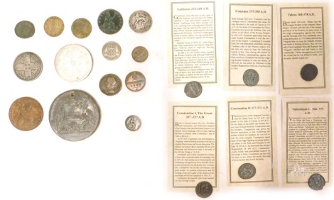 Pre decimal coinage, comprising reproduction Roman collectors coins, Emperor Valerian medallion, sixpence pieces, George V shilling, George III half crown, etc. (a quantity)