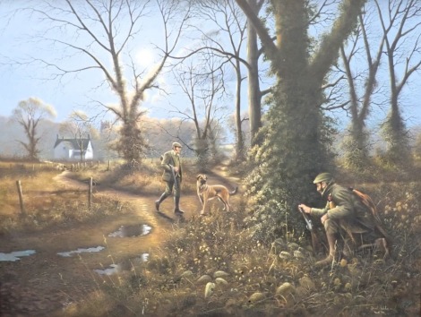 David Waller (b.1945). The Poacher, oil on canvas, signed and dated March 1994, 90cm x 121cm. Artist label verso.