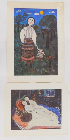 Doriz Holzhandler (1928-2015). A couple in bed naked, artist signed coloured lithograph, 40.5cm x 48cm and another Mother and Child and two posters. Provenance: John Nicholson Auctions Lot 230/231 9/03/2016.