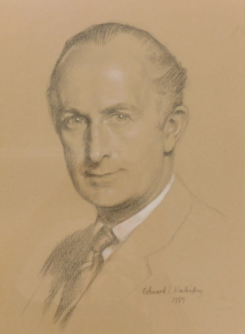 Edward Irvine Halliday (1902-1984). Portrait of a gentleman, crayon with highlight, signed and dated 1959, 32.5cm x 24cm. Label verso Alfred Stiles and Sons Ltd London.