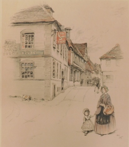 Cecil Aldin (1870-1935). Mother and daughter street scene, artist signed coloured print, 42cm x 35cm. Label verso Francis Iles Rochester.