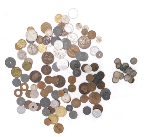 Foreign and world Victorian and later coinage, comprising pennies, half pennies, franks, etc. (1 tin)