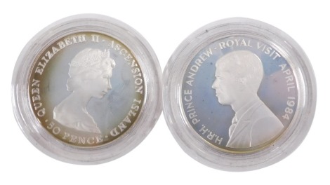 A Government of St Helena and Ascension Islands Royal Visit silver proof fifty pence coin set, dated 1984, in presentation case.