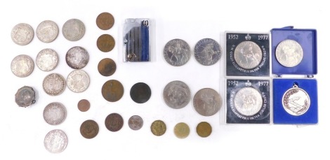 A group of Victorian and later coinage, comprising a Victoria 1837 half crown, various George V and VI silver half crowns, two Victorian half crowns, pennies, half pennies, collectors crowns, and a lighter. (a quantity)