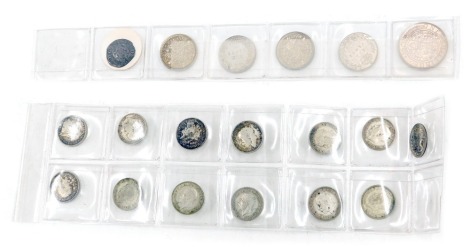 Silver three pence pieces, one shilling, six pence pieces, etc. (a quantity)