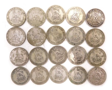 Twenty pre 1946 silver shillings, 110g.