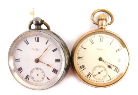 Two pocket watches, comprising a Waltham 19thC silver cased pocket watch with white enamel dial, key wind, Birmingham 1914, 122.3g all in, and a Waltham gold plated pocket watch. (2)