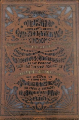 A late 19thC carved wooden panel, inscribed with the lord's words, and lord's prayer, in cream frame, 74cm x 50cm.