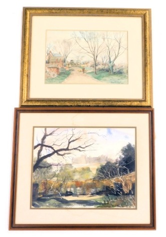 Two watercolours, comprising Colin Rogers, St Michael's Mount landscape, signed, and a George HE Grant (20thC School) Townscene with sheep, 22cm x 29cm, signed, framed. (2)