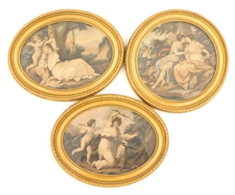 Three 19thC prints, each depicting maiden and cherubs, comprising a pair of oval 28cm x 21cm, and a circular example, 26cm diameter, in gilt frames. (3)