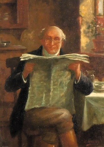 A Austin (19thC School). Gentleman reading in country kitchen, oil on canvas, signed, 34.5cm x 24cm, in gilt frame.