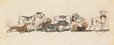 After GR Reiu. Sex Appeal chromolithograph overpainted picture of dogs, signed in pencil to margin, 11.5cm x 42cm.