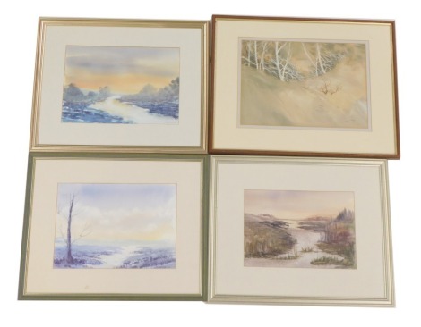 Four 20thC watercolours, comprising snowy trees, signed James, 28cm x 39cm, J Harbeton river watercolours, signed in pencil, 25cm x 35.5cm, and a seascape of swamp and reeds, signed in pencil indistinctly, 23cm x 33cm. (4)