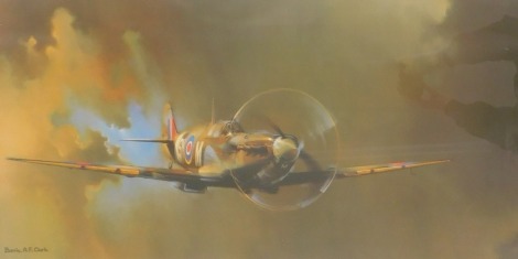 After Barry AF Clarke. Spitfire print, 45cm x 90.5cm, framed.