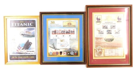 Three first day cover framed prints, comprising 50th Anniversary of Operation Overlord the D-Day Landings, limited edition print number 32/50, 28.5cm x 24.5cm, 75th Anniversary of Wembley Venue of Legends, signed and dated FA Cup Winner print number 15/75