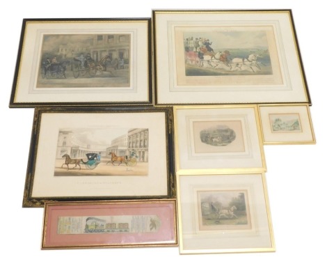 A group of 19thC and later prints, comprising after JH Englehurt, The Hippodrome, 12cm x 16.5cm, The Rival Doctors or Pills and Potions, 25cm x 33cm, Sporting Anecdotes Serious Times Three Blind Uns and a Bolter, 28cm x 38cm, after JF WSE Charborough Park