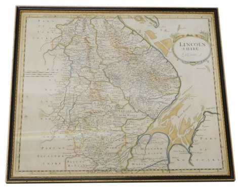 After Robert Morden. A framed and later colour map of Lincolnshire, 38cm x 42.5cm.