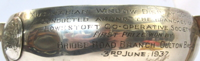  A George V silver trophy cup, the winged handles with applied Australia map, inscribed Australia Window Display Competition, Conducted Among the Branches to the Lowestoft Cooperative Society Ltd, First Prize Won by Bridge Road Branch Oulton Broad, 3rd Ju - 3