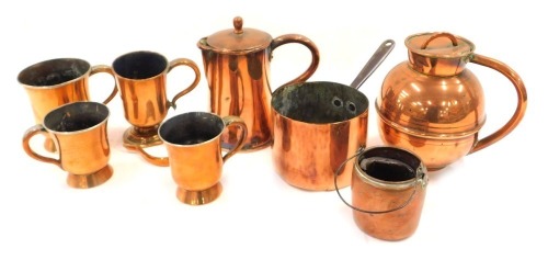 A group of 19thC and later copper wares, comprising teapot and lid, Askew of Nottingham tankards, miniature pan, etc. (a quantity)