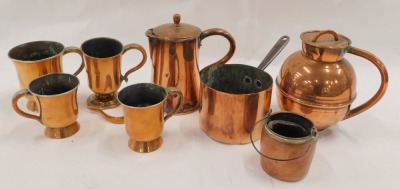 A group of 19thC and later copper wares, comprising teapot and lid, Askew of Nottingham tankards, miniature pan, etc. (a quantity) - 2