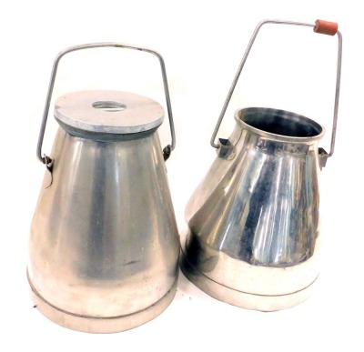 Two stainless steel milk churns, one with lid, swing handle, 37cm and 40cm high. (2)