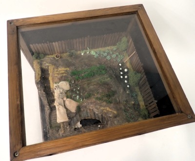 A scale model of an Anderson shelter, in perspex and pine case, 49cm wide. - 2