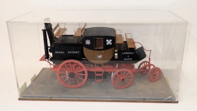 A scale model of a Gurney's steam carriage, 1:12cm, with livery for London and Bath, Royal Patent, in perspex case, 62cm wide. - 2