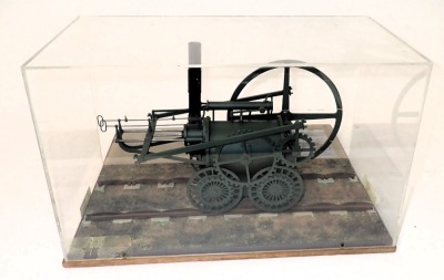 A scale model of Richard Trevithick's Tramroad locomotive, scale 1cm:12cm, seated on a track with informative display, within wood and perspex case, 43cm wide. - 2