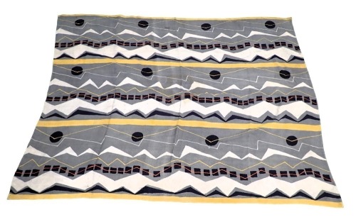 An African style black weave hanging, with geometric design, in grey, yellow, black and cream, 225cm. (AF)