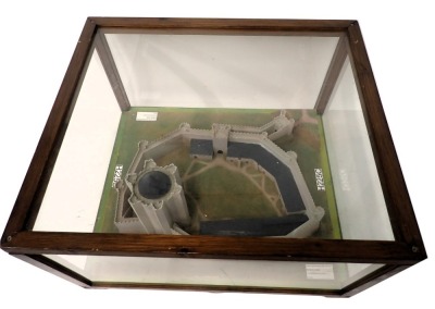 A large diorama model of Conisbrough Castle, Yorkshire, with landscaping, etc., in a perspex and wooden case, 72cm wide.