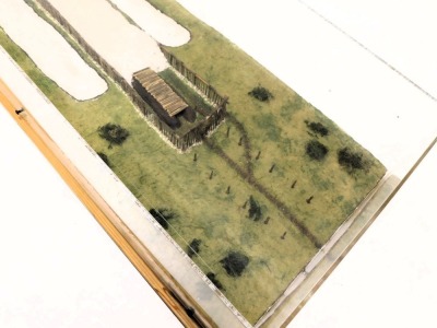 A model of ancient fortified enclosure, in perspex and wooden case, 78cm wide. - 2