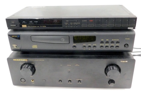 Sound and hi-fi equipment, comprising a Marantz integrated amplifier FM 6010 OSE, an Alpha 7SE CD player, and a Sansui digital synthesizer tuner TU-D33XL. (3) WARNING! This lot contains untested or unsafe electrical items. It is supplied for scrap or re-