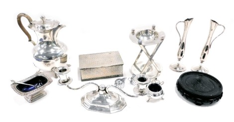 Silver plated wares, comprising two branch LD of France candelabrum, coffee pot with fluted top, vases, spirit kettle stand, cigarette box, etc. (1 tray)